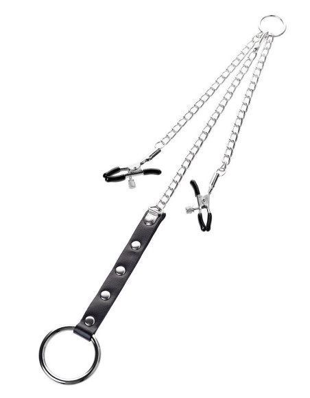 Серебристо-чёрные зажимы для сосков с кольцом для пениса TOYFA Metal Серебристо-чёрные зажимы для сосков с кольцом для пениса TOYFA Metal