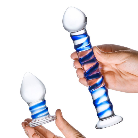 Набор из 2 стеклянных игрушек с синей спиралью Swirly Dildo & Buttplug Set Набор из 2 стеклянных игрушек с синей спиралью Swirly Dildo & Buttplug Set