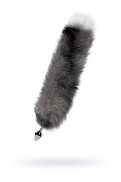Серебристая металлическая анальная втулка с серым лисьим хвостом