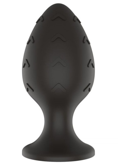 Черная средняя силиконовая анальная пробка с рельефом в виде галочек Черная средняя силиконовая анальная пробка с рельефом в виде галочек
