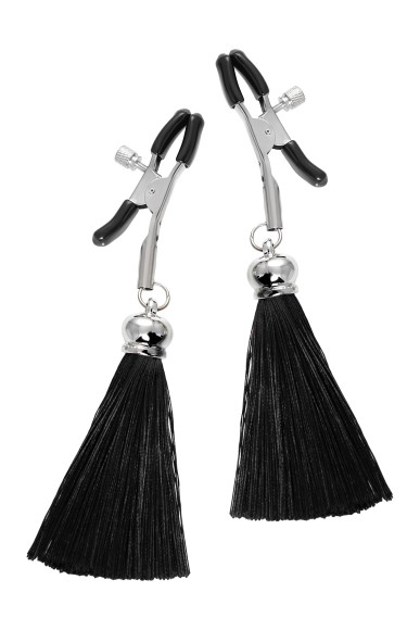 Зажимы на соски «Прищепки» с черными кисточками из шелка Зажимы на соски «Прищепки» с черными кисточками из шелка