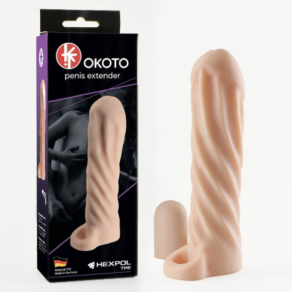 Телесная насадка-удлинитель Okoto со спиралевидным рельефом - 16 см. Телесная насадка-удлинитель Okoto со спиралевидным рельефом - 16 см.