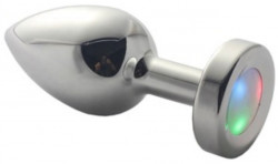 Серебристая гладкая анальная пробка со светодиодным кристаллом - 9,5 см.