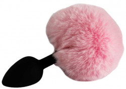 Черная силиконовая анальная пробка с розовым хвостиком зайки Черная силиконовая анальная пробка с розовым хвостиком зайки