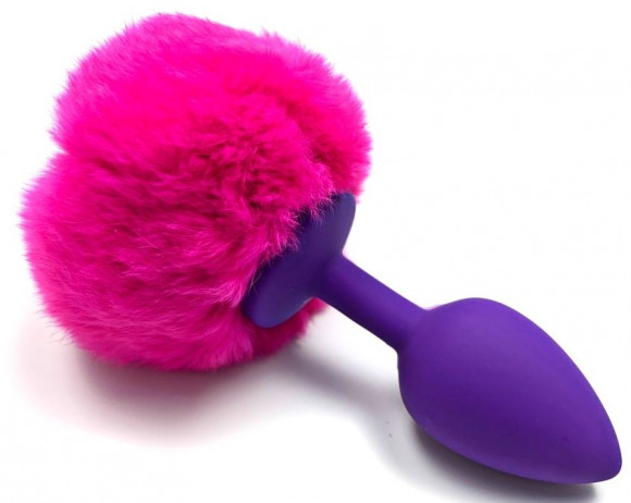 Фиолетовая силиконовая анальная пробка с розовым хвостиком зайки Фиолетовая силиконовая анальная пробка с розовым хвостиком зайки