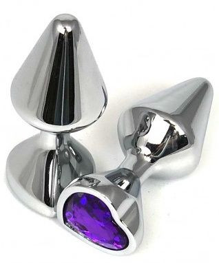 Серебристая анальная пробка с фиолетовым кристаллом-сердцем - 8 см. Серебристая анальная пробка с фиолетовым кристаллом-сердцем - 8 см.