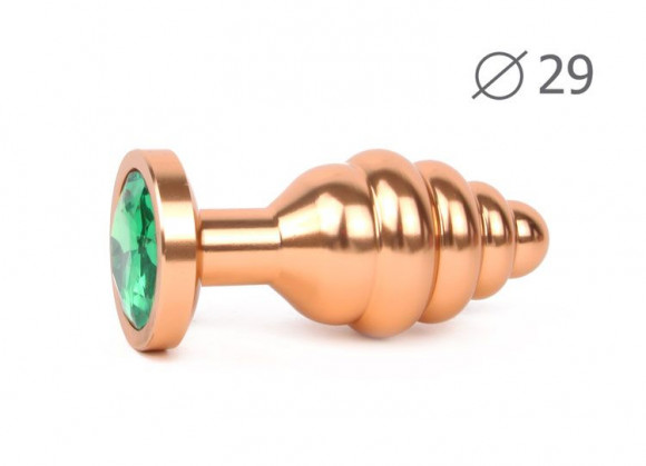 Коническая ребристая золотистая анальная втулка с зеленым кристаллом - 7,1 см. Коническая ребристая золотистая анальная втулка с зеленым кристаллом - 7,1 см.