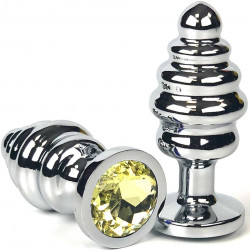 Серебристая ребристая анальная пробка с желтым кристаллом - 8 см.