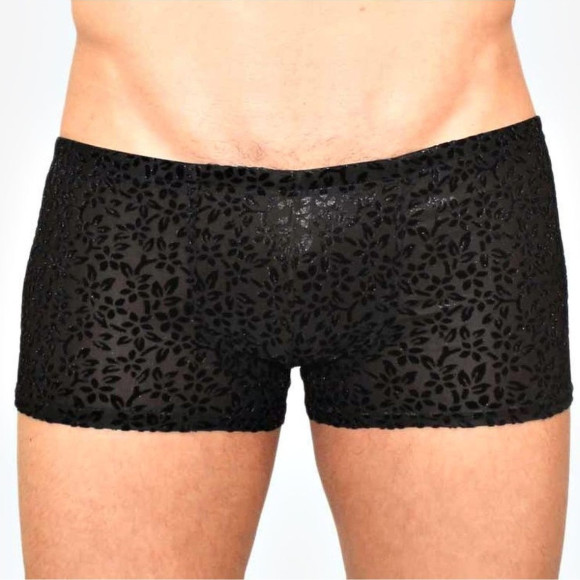 Мужские полупрозрачные трусы-боксеры с флокированным цветочным рисунком Мужские полупрозрачные трусы-боксеры с флокированным цветочным рисунком