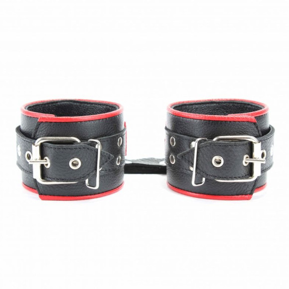 Широкие черные наручники с красным декором Широкие черные наручники с красным декором