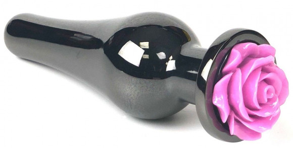 Черная удлиненная анальная пробка с фиолетовой розой - 12,5 см. Черная удлиненная анальная пробка с фиолетовой розой - 12,5 см.