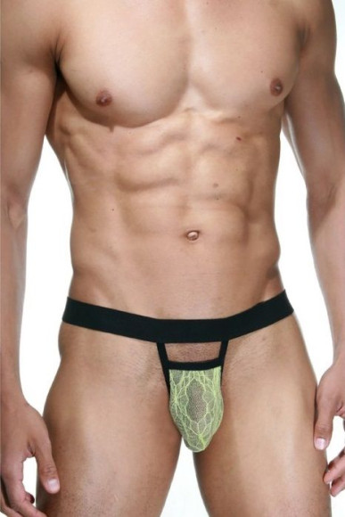 Черно-зеленые трусы-стринги на широком поясе с кружевом Черно-зеленые трусы-стринги на широком поясе с кружевом