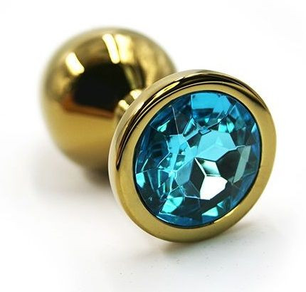 Золотистая алюминиевая анальная пробка с голубым кристаллом - 7 см. Золотистая алюминиевая анальная пробка с голубым кристаллом - 7 см.