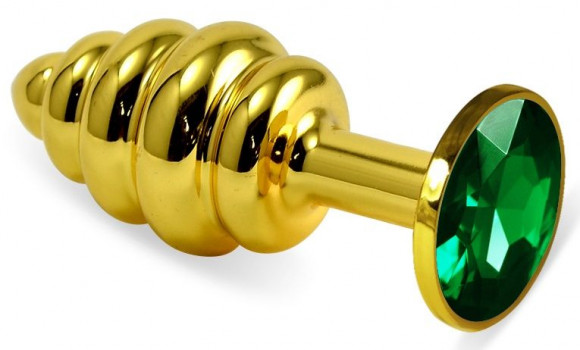 Золотистая ребристая анальная пробка с зеленым кристаллом - 7,5 см. Золотистая ребристая анальная пробка с зеленым кристаллом - 7,5 см.