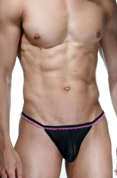 Черные трусы-стринги с розовой рюшей Черные трусы-стринги с розовой рюшей