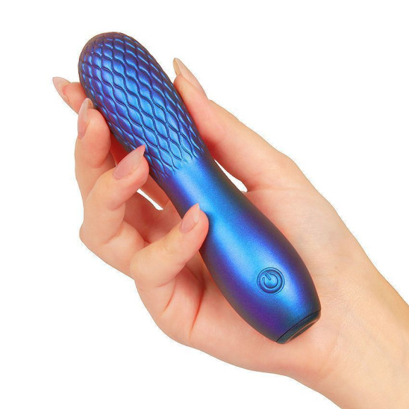 Синий вибромассажер с рельефной головкой - 14 см. Синий вибромассажер с рельефной головкой - 14 см.