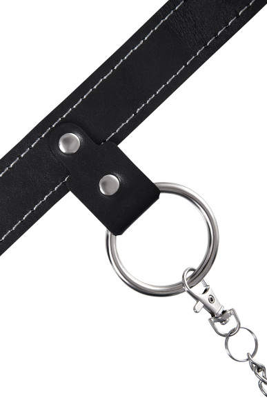 Черный узкий однослойный ошейник с серебристым поводком-цепочкой Черный узкий однослойный ошейник с серебристым поводком-цепочкой