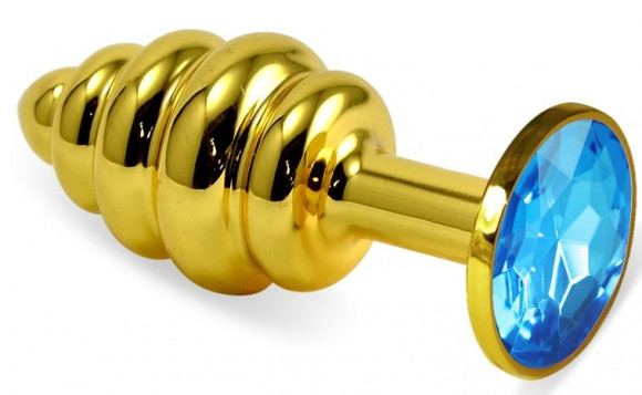 Золотистая ребристая анальная пробка с голубым кристаллом - 7,5 см. Золотистая ребристая анальная пробка с голубым кристаллом - 7,5 см.