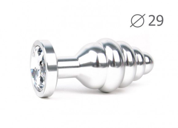 Коническая ребристая серебристая анальная втулка с прозрачным кристаллом - 7,1 см. Коническая ребристая серебристая анальная втулка с прозрачным кристаллом - 7,1 см.