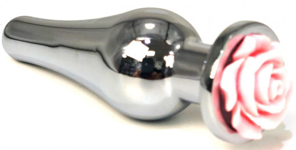 Серебристая удлиненная анальная пробка с розовой розой - 12,5 см. Серебристая удлиненная анальная пробка с розовой розой - 12,5 см.