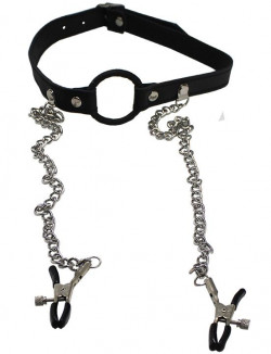 Черный кляп-кольцо с серебристым зажимами для сосков Черный кляп-кольцо с серебристым зажимами для сосков