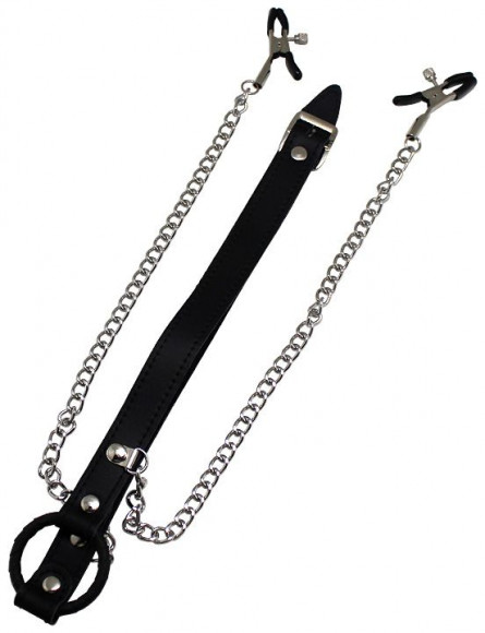 Черный кляп-кольцо с серебристым зажимами для сосков Черный кляп-кольцо с серебристым зажимами для сосков