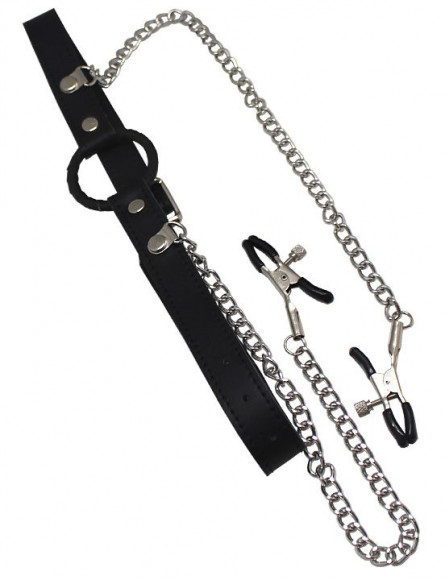 Черный кляп-кольцо с серебристым зажимами для сосков Черный кляп-кольцо с серебристым зажимами для сосков