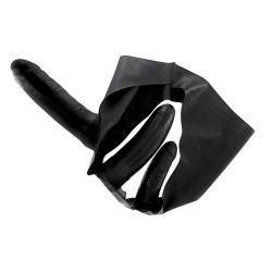 Чёрный латексный страпон с вагинальной и анальной пробками SLIP WITH STRAP ON IN LATEX 2 FOR ME 1 FOR YOU - 14 см.