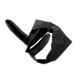 Чёрный латексный страпон с вагинальной пробкой STRAP ON WITH DOUBLE DILDO TWO TIMES LATEX - 16 см.