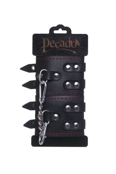 Черные кожаные наручники с двумя ремнями и контрастной строчкой Черные кожаные наручники с двумя ремнями и контрастной строчкой