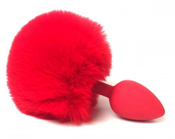 Красная анальная пробка размера S с пушистым хвостиком зайки Красная анальная пробка размера S с пушистым хвостиком зайки