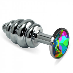 Серебристая ребристая анальная пробка с разноцветным кристаллом - 7,5 см.