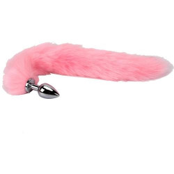 Серебристая анальная пробка размера S с длинным нежно-розовым хвостом Серебристая анальная пробка размера S с длинным нежно-розовым хвостом