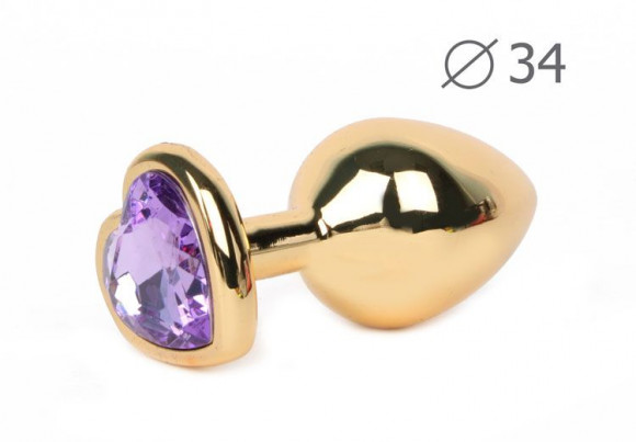 Каплевидная гладкая золотистая анальная втулка с кристаллом-сердечком сиреневого цвета - 8 см. Каплевидная гладкая золотистая анальная втулка с кристаллом-сердечком сиреневого цвета - 8 см.