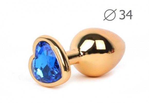 Каплевидная гладкая золотистая анальная втулка с кристаллом-сердечком синего цвета - 8 см. Каплевидная гладкая золотистая анальная втулка с кристаллом-сердечком синего цвета - 8 см.