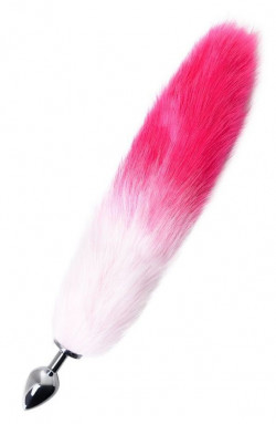 Серебристая анальная пробка с розово-белым хвостом Серебристая анальная пробка с розово-белым хвостом