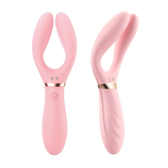 Розовый раздвоенный вибромассажёр с 10 режимами вибрации Розовый раздвоенный вибромассажёр с 10 режимами вибрации