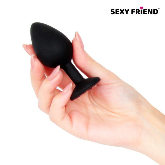 Черная силиконовая анальная втулка с голубым кристаллом - 8 см. Черная силиконовая анальная втулка с голубым кристаллом - 8 см.