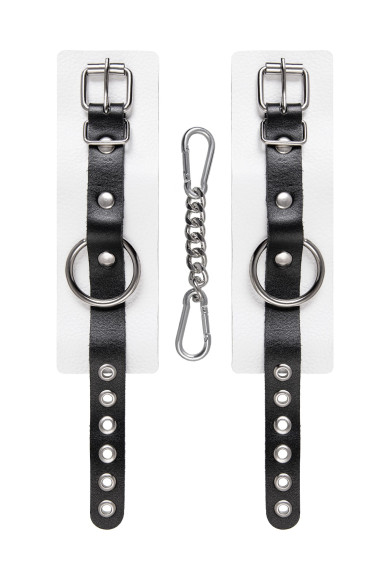 Бело-черные кожаные наручники с одним ремешком с люверсами Бело-черные кожаные наручники с одним ремешком с люверсами