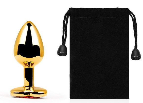 Золотистая анальная пробка с красным стразом-сердечком - 7 см. Золотистая анальная пробка с красным стразом-сердечком - 7 см.