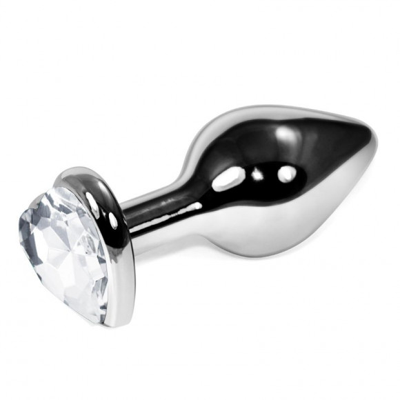 Серебристая анальная пробка Vander с прозрачным кристаллом-сердечком - 8,5 см.