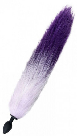 Черная анальная пробка с сиренево-фиолетовым хвостиком Черная анальная пробка с сиренево-фиолетовым хвостиком