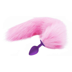 Фиолетовая анальная пробка с пушистым розовым хвостиком Фиолетовая анальная пробка с пушистым розовым хвостиком