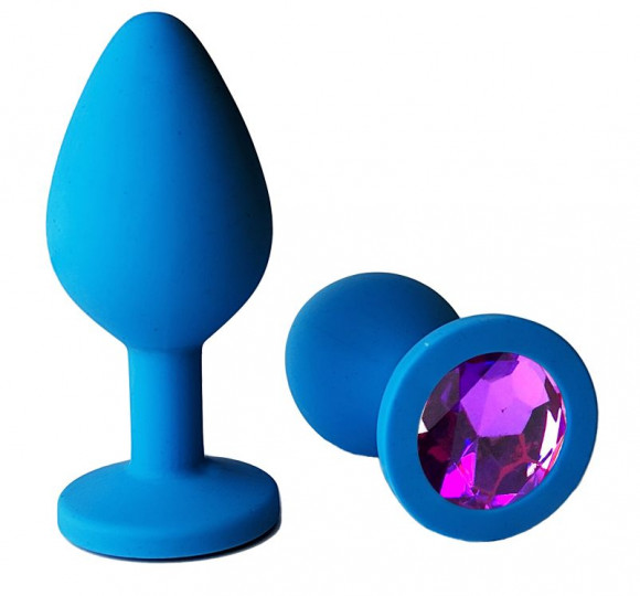 Голубая анальная пробка с фиолетовым кристаллом - 9,5 см.