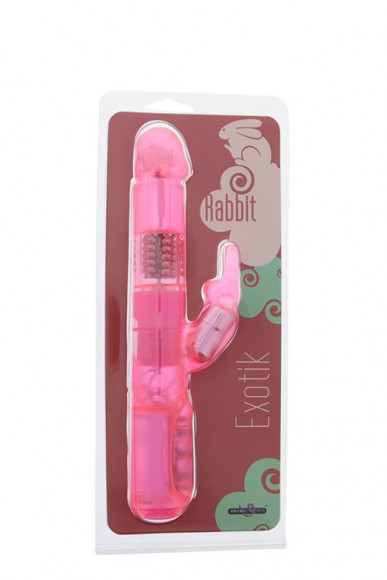 Розовый вибратор с вращающимися бусинами и клиторальным зайчиком EXOTIK RABBIT - 23 см.