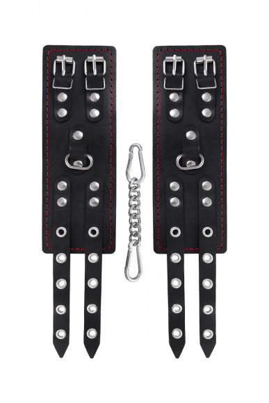 Черные кожаные наручники с двумя ремнями и подкладкой