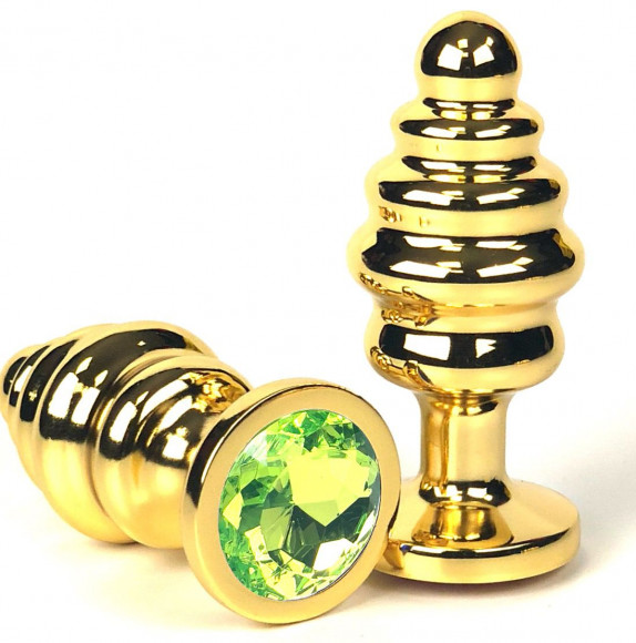 Золотистая ребристая анальная пробка с лаймовым кристаллом - 8,5 см. Золотистая ребристая анальная пробка с лаймовым кристаллом - 8,5 см.