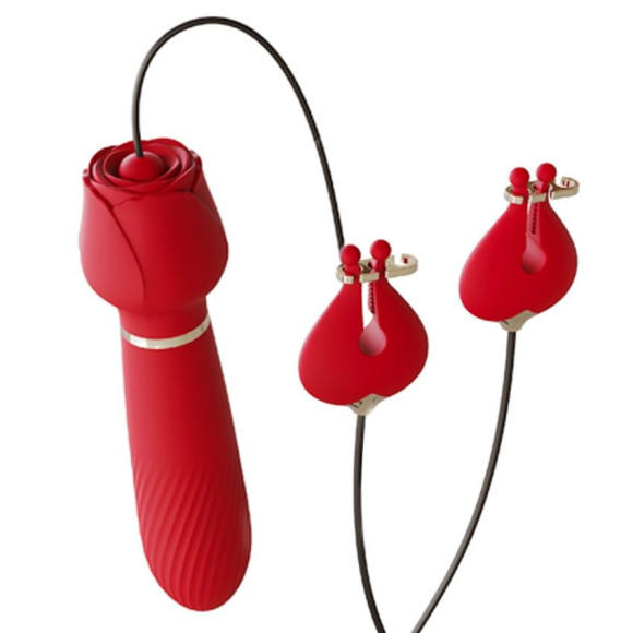 Красный вибромассажёр с зажимами для сосков - 16 см. Красный вибромассажёр с зажимами для сосков - 16 см.