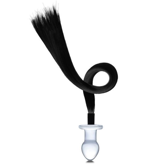 Стеклянная анальная пробка с черным конским хвостом Стеклянная анальная пробка с черным конским хвостом