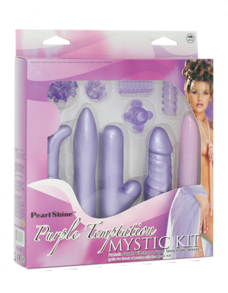 Сиреневый вибратор с насадками и интимными аксессуарами - 13,5 см.